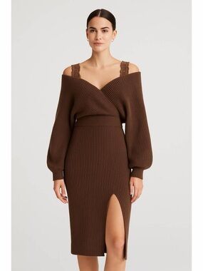Cider Brown Off-Shoulder Knit Midi Dress with Lace Straps